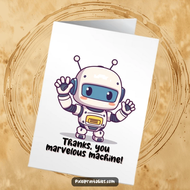 Funny Free Printable Thank You Card: A pixelated robot waves hello, offering a humorous thank you message.