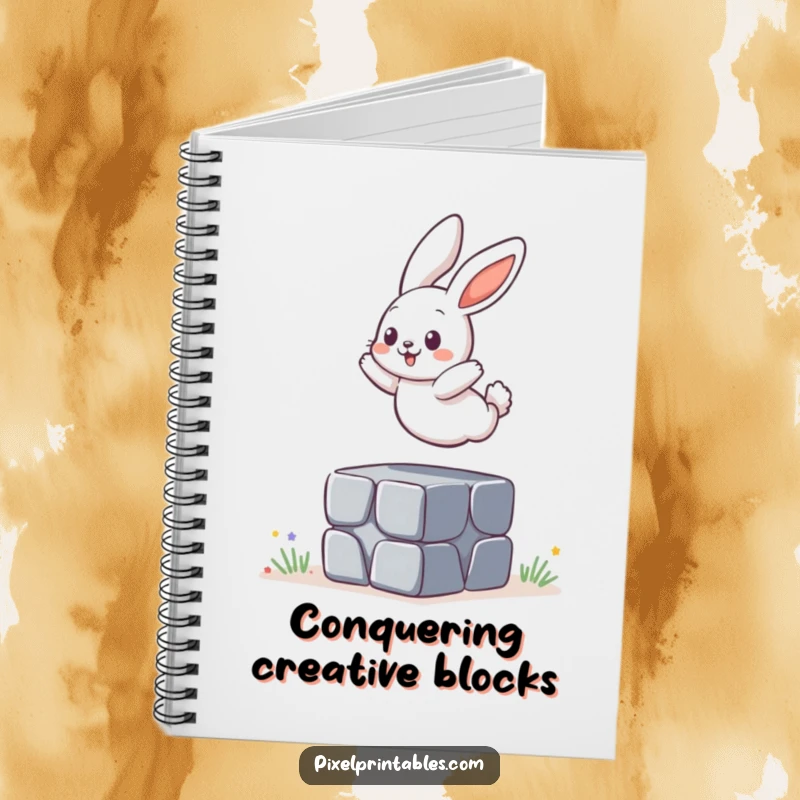 Funny Notebook: A playful bunny jumping over a pixelated block, inspiring creativity and fun.