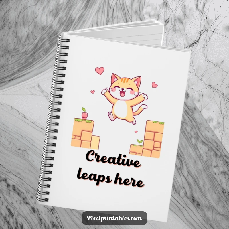 Funny notebook cover featuring a cheerful cat character leaping between pixelated platforms, perfect for jotting down ideas.