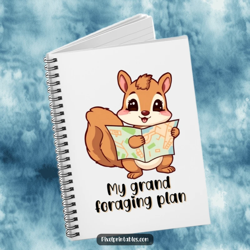 Funny squirrel peeking from behind a pixelated map, ready to record notes. Ideal funny gift for writers and planners.