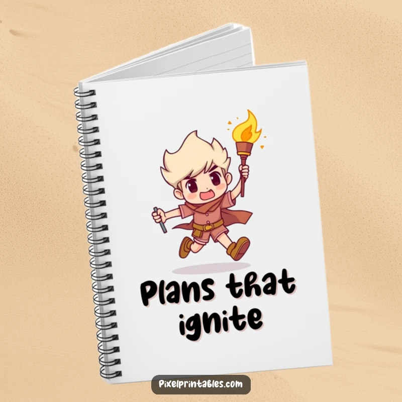 Funny Notebook: Determined character running with a torch, encouraging goal-setting and note-taking with a humorous, motivational design, a funny gift.