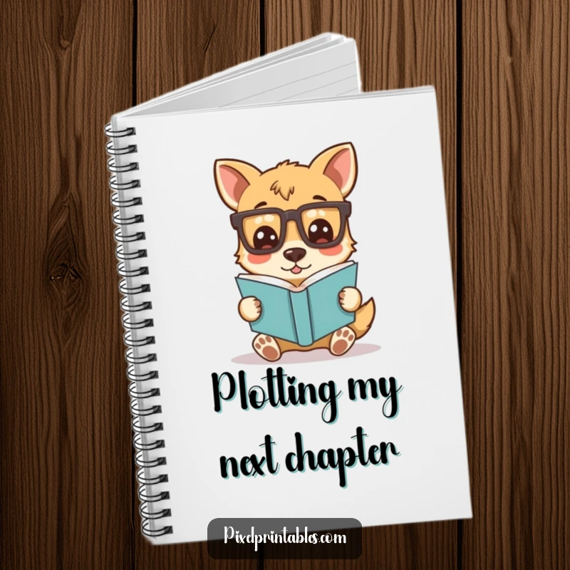 Funny notebook cover with a silly dog character wearing pixelated glasses and reading a book, great for jotting down notes with a smart and humorous attitude.
