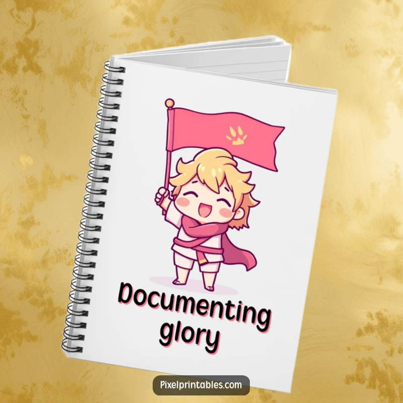 Funny Notebook with a triumphant pixel character with sharp edges raising a pixel flag, ideal for journaling or sketching.