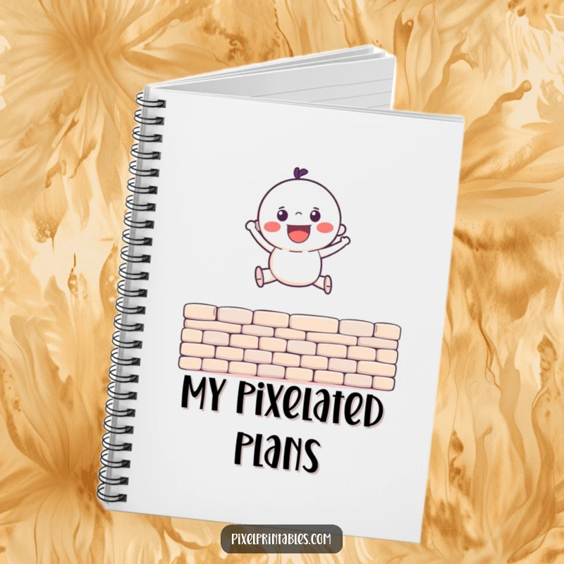 Funny Notebook with a gleeful pixel character leaping over a pixel wall, perfect for jotting down notes and retro gaming thoughts.