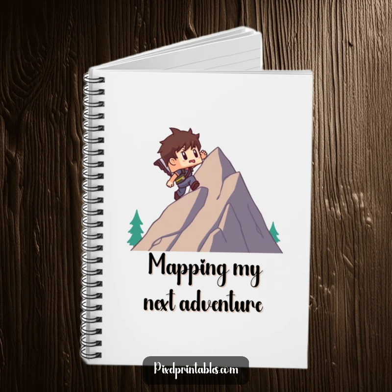 Funny notebook with a blocky pixel adventurer character scaling a pixel mountain, ideal for journaling funny adventures and creative notes.