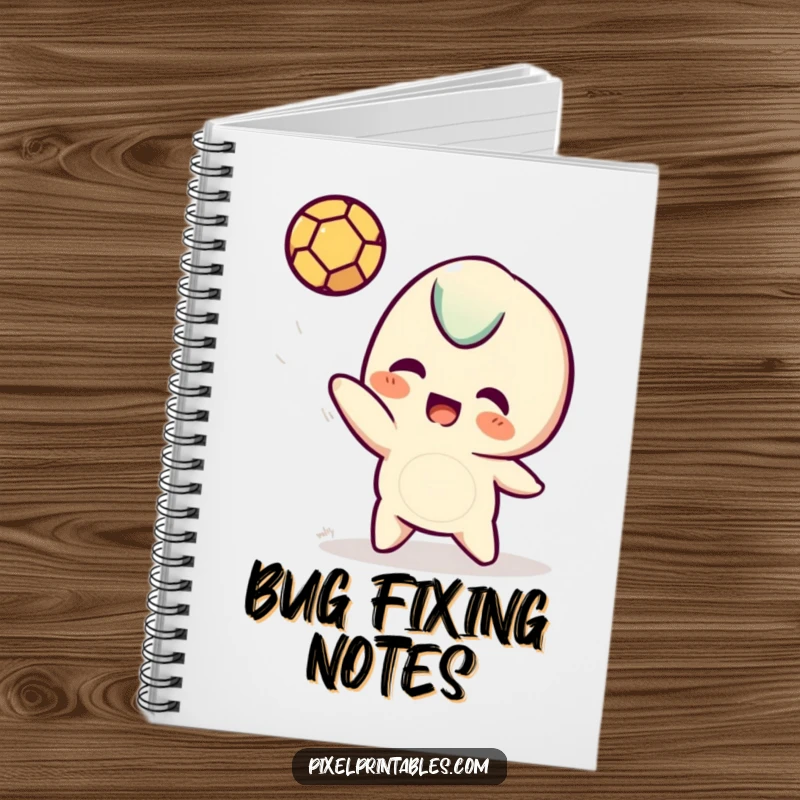 Funny pixel notebook with a playful pixelated character illustration tossing a pixel ball, ideal for writing and drawing.