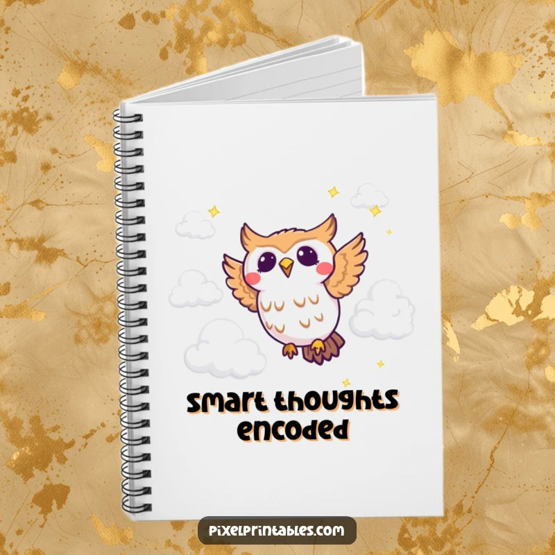 Funny pixel owl notebook with a joyous pixelated owl flying through pixel clouds, for jotting down retro ideas.
