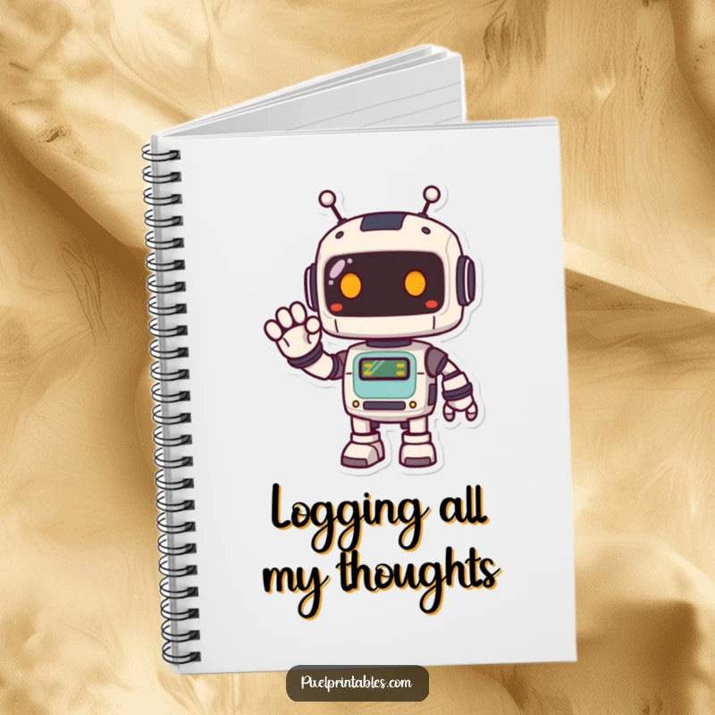 Funny Pixel Robot Notebook featuring a happy, pixelated robot waving, perfect for jotting down notes with a retro digital flair.
