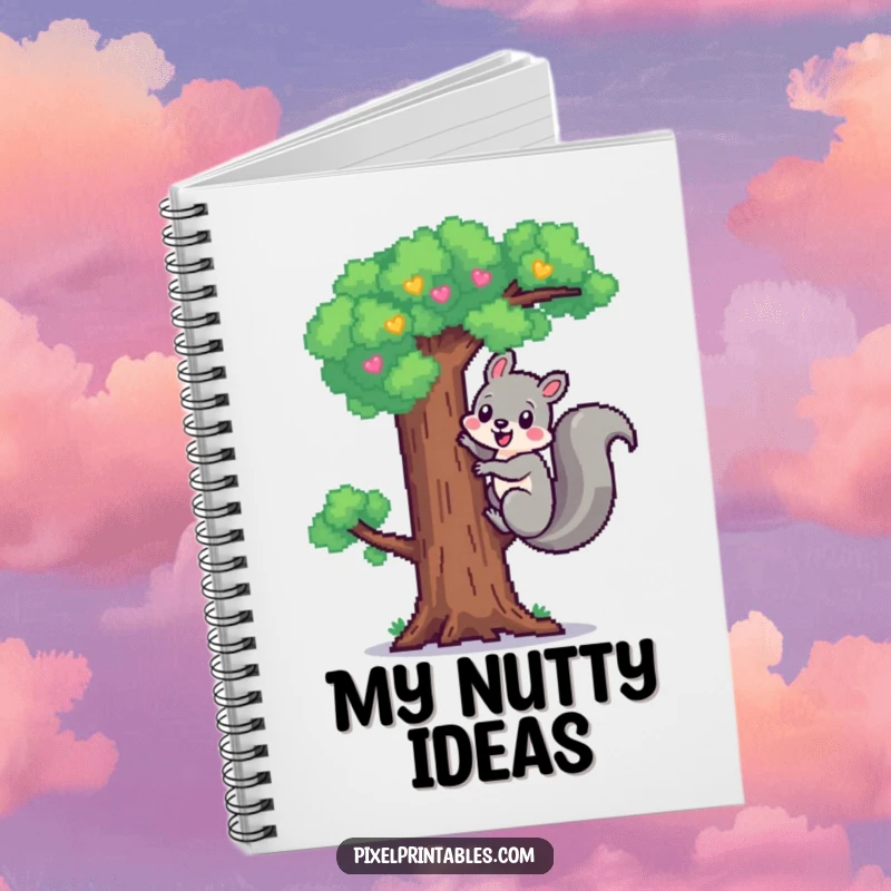 Funny Pixel Squirrel Notebook: Cheerful pixelated squirrel climbing a pixel tree, pixel art planner, great for notes.