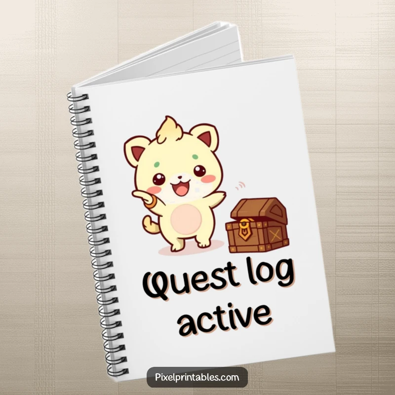 Funny Pixel Creature Treasure Notebook, a cute pixelated creature pointing towards a treasure chest, for planning adventures.