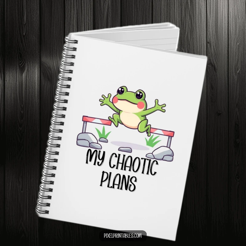 Funny pixelated frog notebook featuring a cheerful frog leaping over pixelated obstacles, ideal for jotting down ideas and game plans.