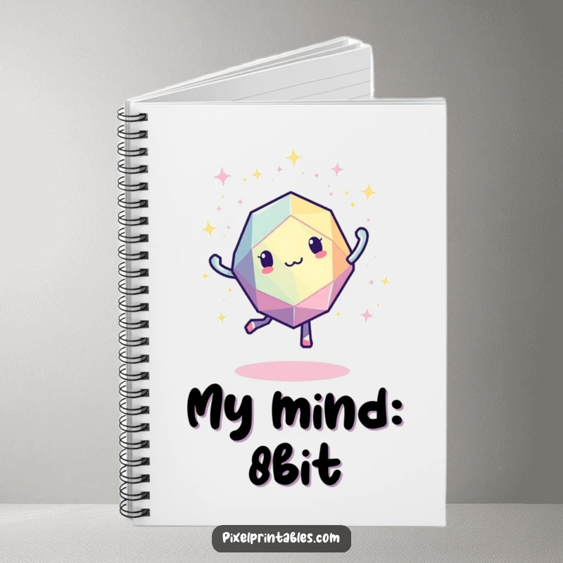 Funny pixelated geometric shape dancing with colorful pixelated sparkles, retro-themed notebook cover.