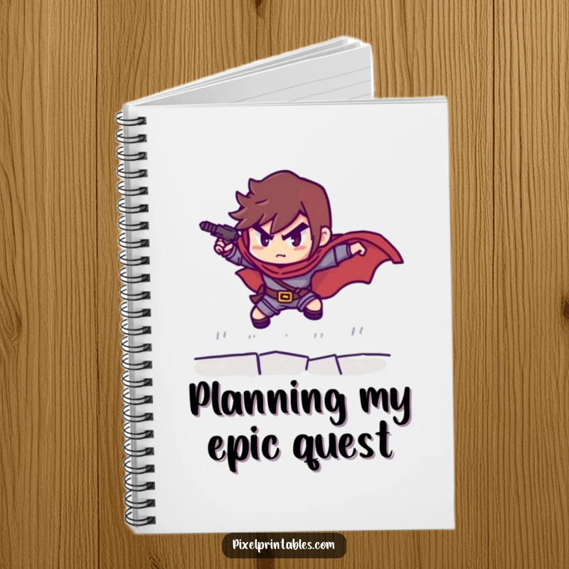 Funny notebook with a determined pixelated hero in a leaping stance, perfect for jotting down ideas and gaming strategies.