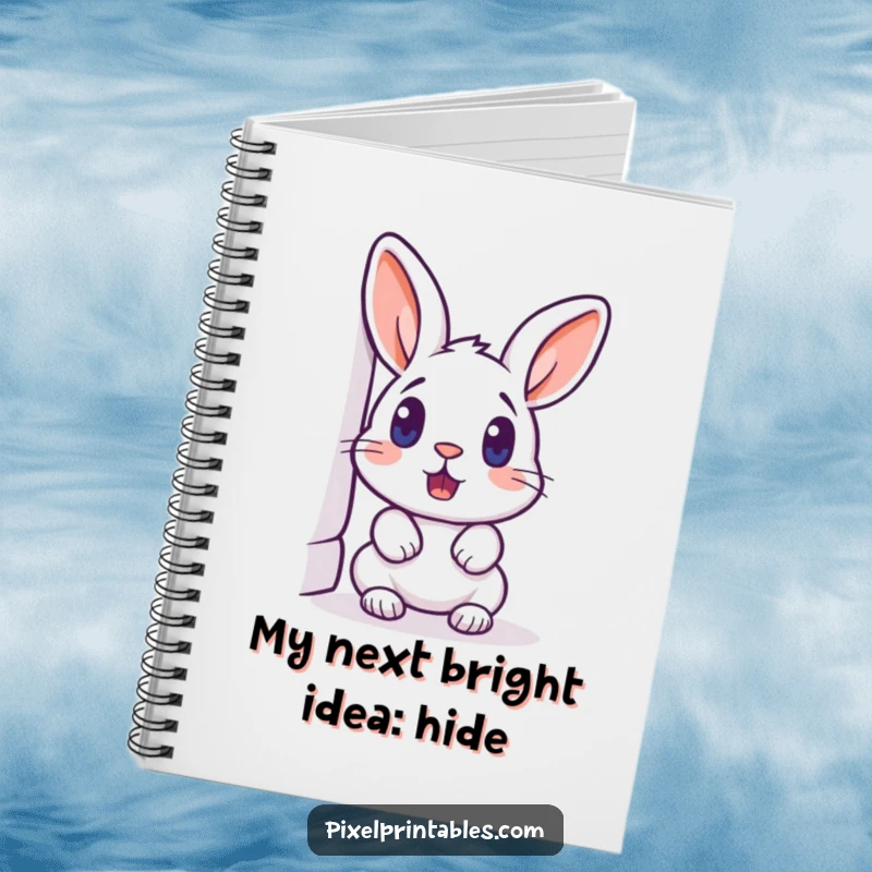 Funny pixelated rabbit peeking around a corner, surprised expression, retro pixel art notebook, journal for gamers.