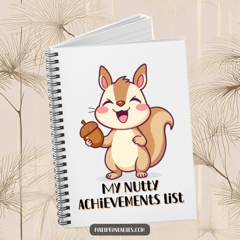 Funny pixelated squirrel triumphantly holding a pixelated acorn, joyful collector, retro pixel art notebook, journal for winners.