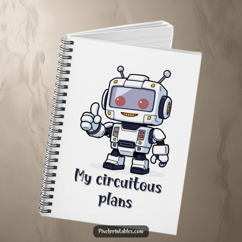 Funny notebook with a friendly blocky pixelated robot giving a thumbs up, perfect for jotting down tech-inspired ideas.