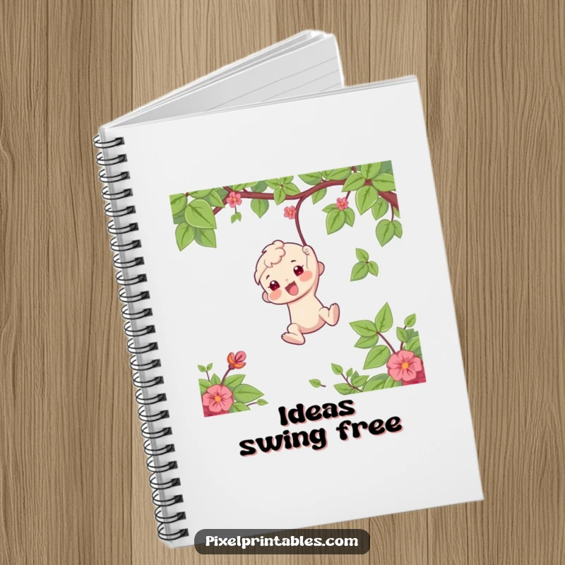 Funny Notebook: Playful character swinging from a vine, encouraging creative thought and note-taking with a humorous design, a funny gift.