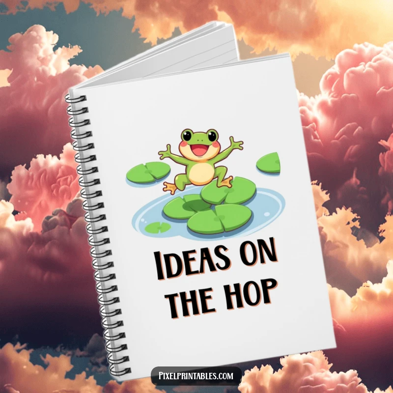 Funny pixel frog character leaping over lily pads, notebook cover, retro pixel art journaling.