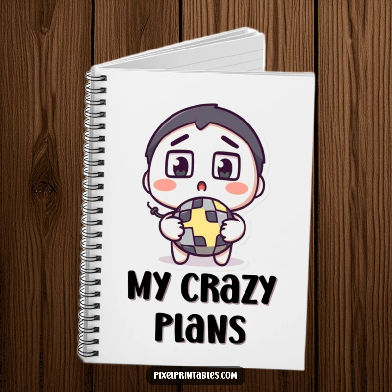 Funny pixel bomb notebook with a surprised character, square eyes wide, holding a pixelated bomb, ideal for notes.