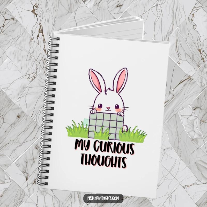 Funny pixel rabbit notebook with a curious pixelated rabbit peeking from behind a pixel, for jotting down curious ideas.