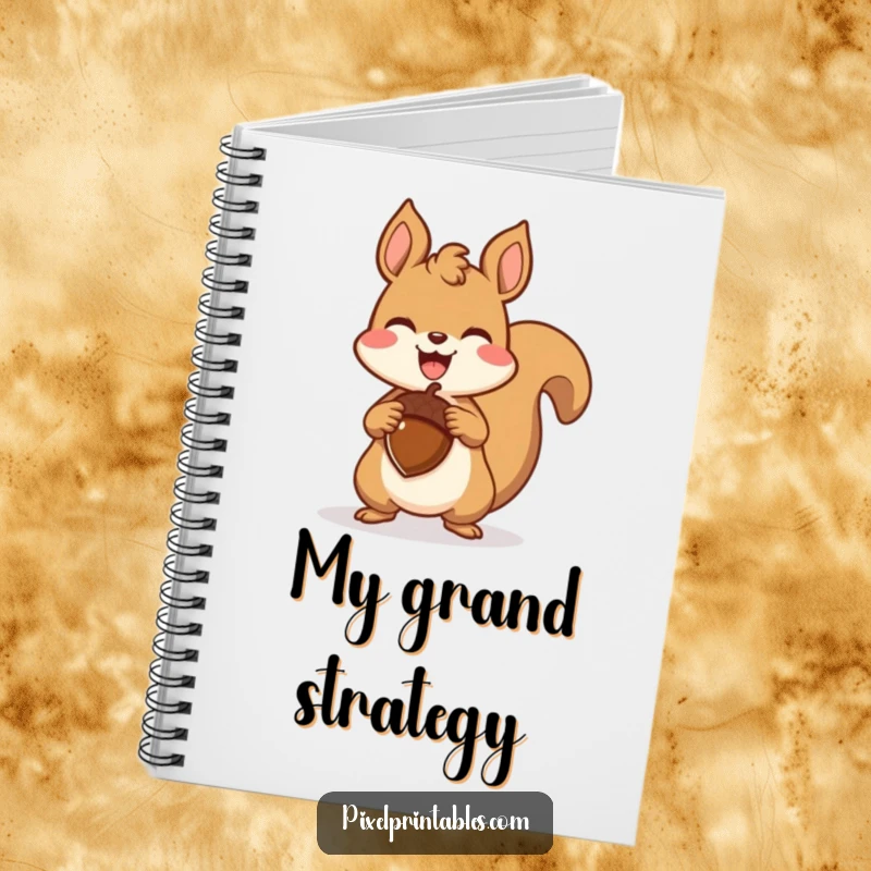 Funny pixelated squirrel triumphantly holding a pixelated acorn on a notebook cover, a retro gaming design for recording victories.