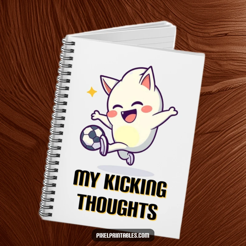 Funny pixel kicker notebook with a mischievous character with pointed pixels joyfully kicking a pixel ball, perfect for notes.
