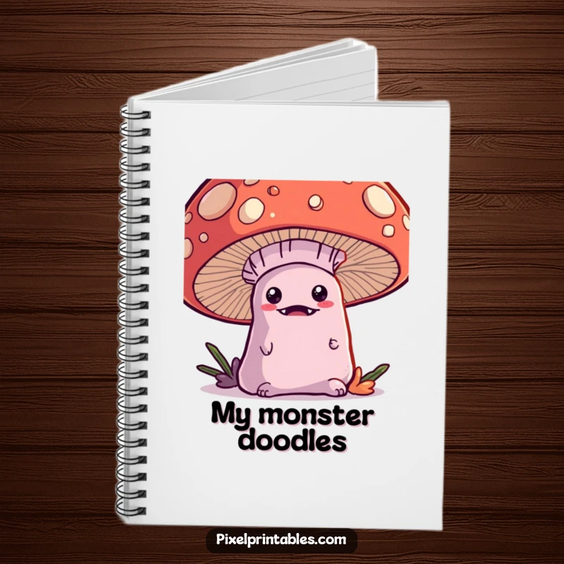 Funny Kawaii Monster Notebook, a cute monster peeking from behind a pixel mushroom, perfect for notes.