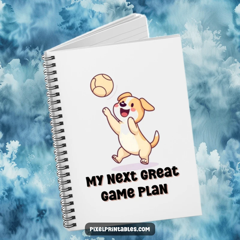 Funny notebook with a pixelated dog catching a pixelated ball mid-air, perfect for jotting down ideas with retro gaming humor.