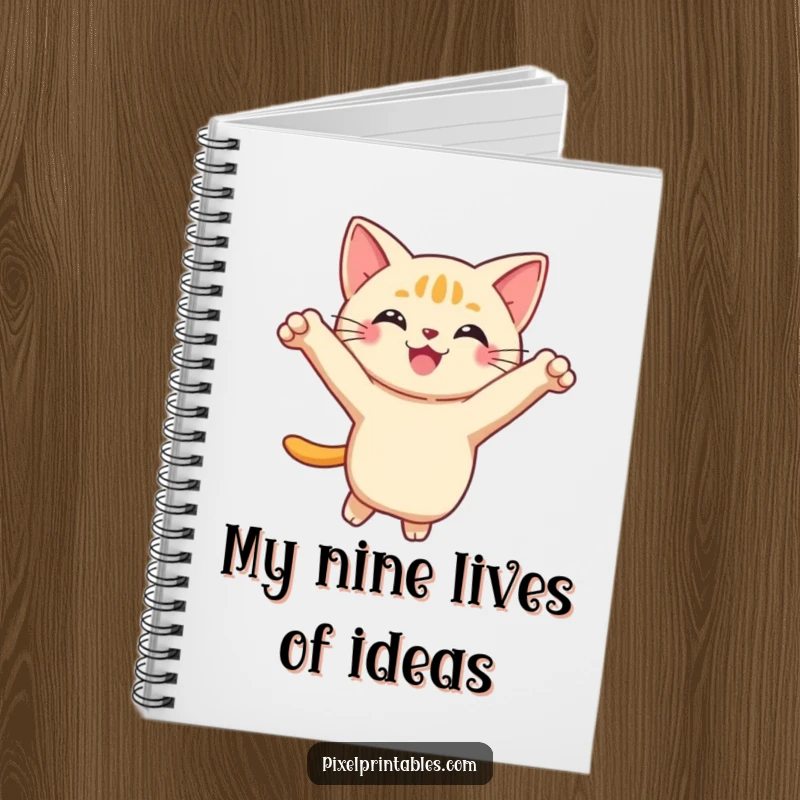 Funny Pixel Cat Notebook featuring a smiling, pixelated cat in a playful leap, ideal for note-taking with a side of feline charm.