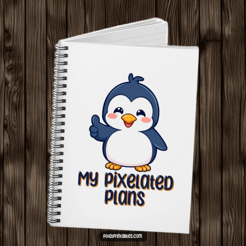 Funny notebook with a playful pixelated penguin giving a pixelated thumbs up, ideal for jotting down ideas with retro gaming appeal.