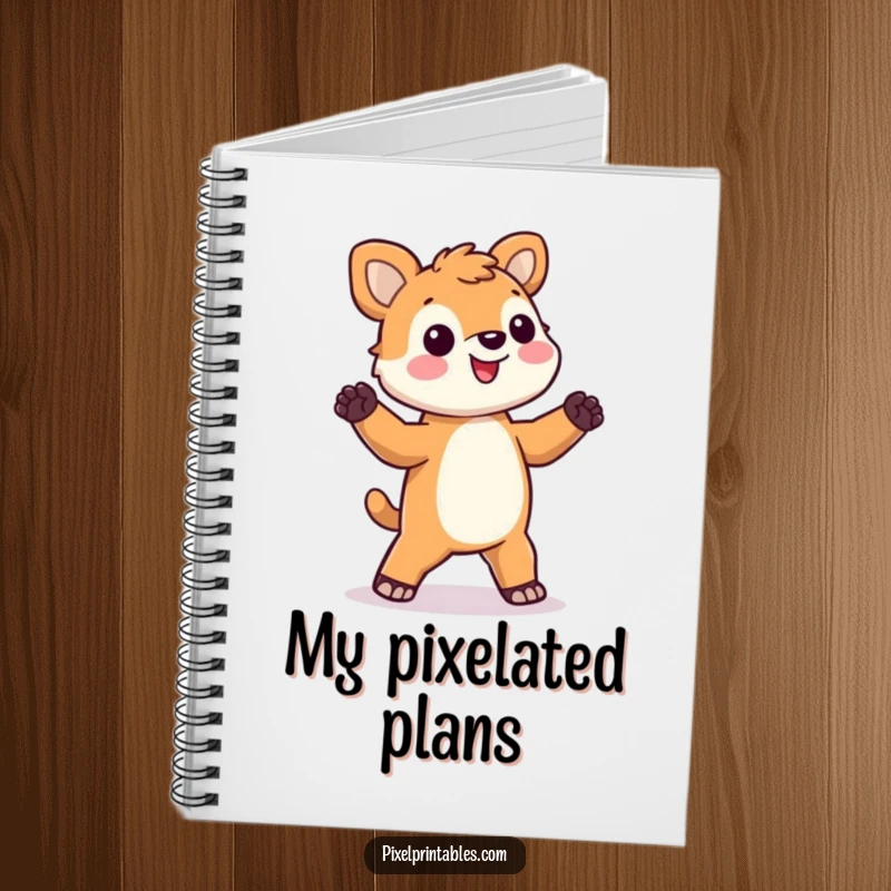 Funny pixel animal notebook with a happy, blocky animal illustration dancing silly, ideal for writing and drawing.