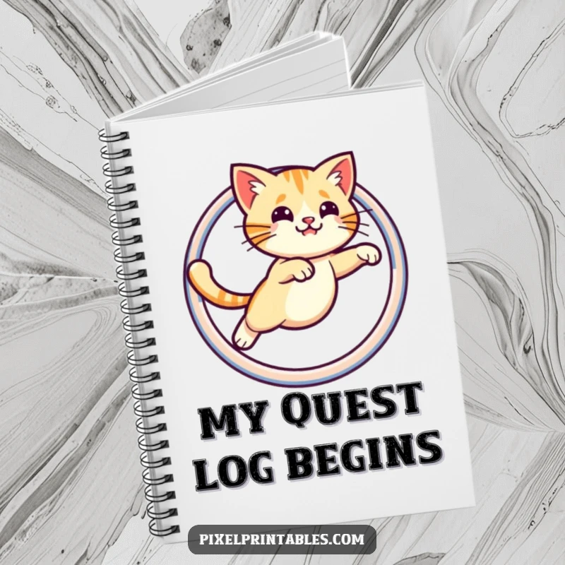 Funny notebook with a pixelated cat leaping through a pixelated hoop, perfect for jotting down ideas with retro gaming humor.