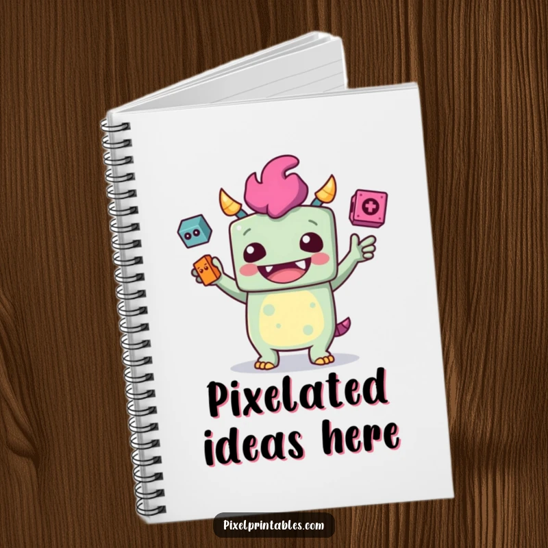 Funny notebook with a giggling, blocky monster juggling pixelated objects, ideal for note-taking.