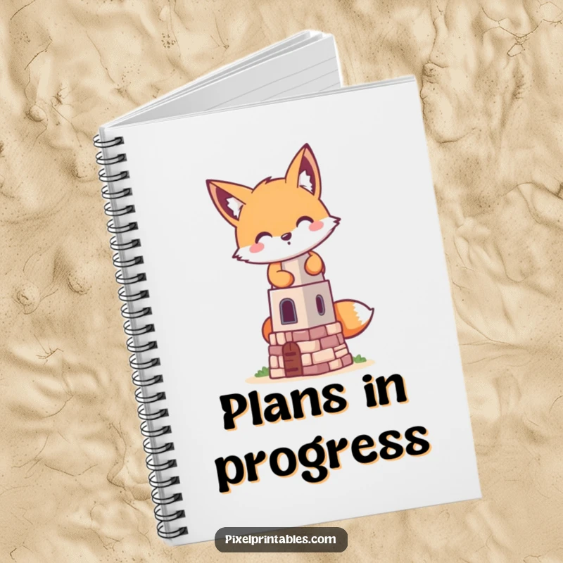 Funny pixelated fox building a tiny pixelated tower on a notebook cover, a retro gaming design for jotting down mischievous plans.