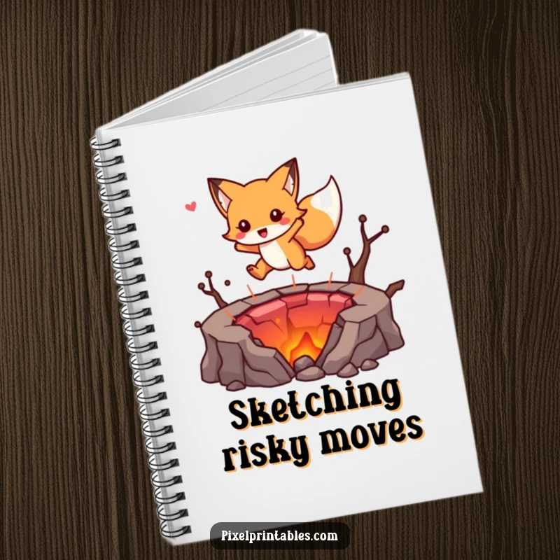 Funny notebook cover featuring a cute fox character leaping over a pixelated lava pit, perfect for jotting down ideas.