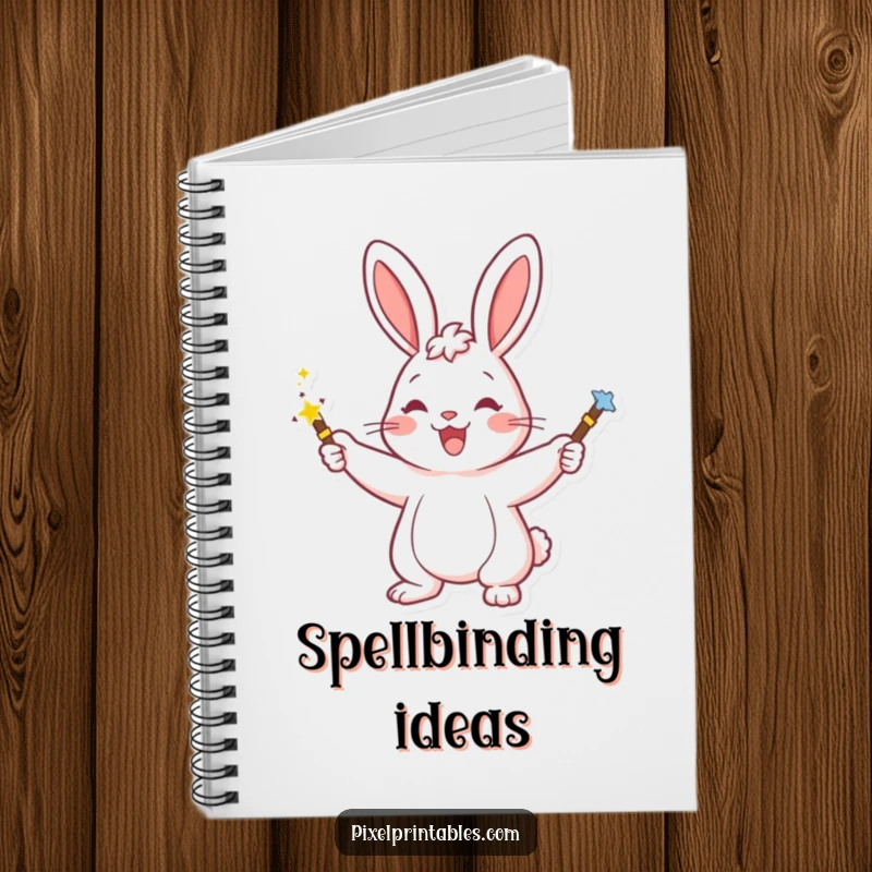Funny notebook cover featuring a happy rabbit character casting pixelated magic with a wand, ideal for jotting down creative ideas.