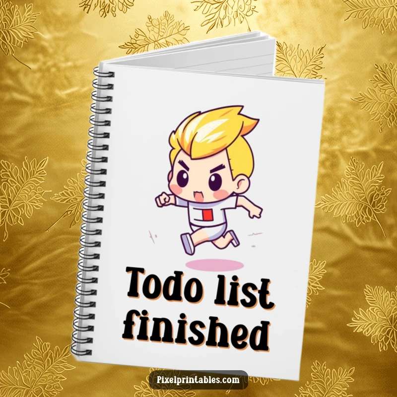 Funny notebook with a determined pixel character with bold outlines running a pixel race, perfect for notes and planning.