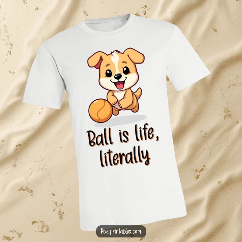 Funny t-shirt depicting a cheerful, pixelated dog character in pursuit of a bouncing ball, a playful graphic.
