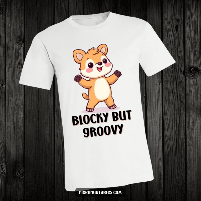 Funny pixel animal t-shirt with a happy, blocky animal character performing a silly dance, full of energetic fun.