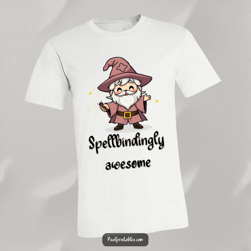 Funny blocky wizard character casting a bright, sparkly spell on a t-shirt.