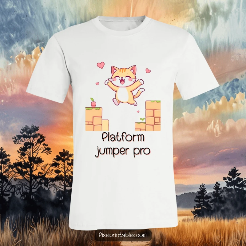Funny t-shirt showing a cheerful cat mid-jump across pixelated platforms, full of glee and agile movement.