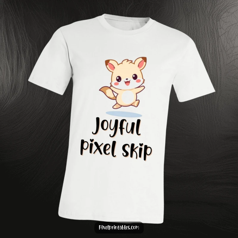 Funny t-shirt showcasing a cute pixelated animal character joyfully skipping, radiating adorable retro energy.