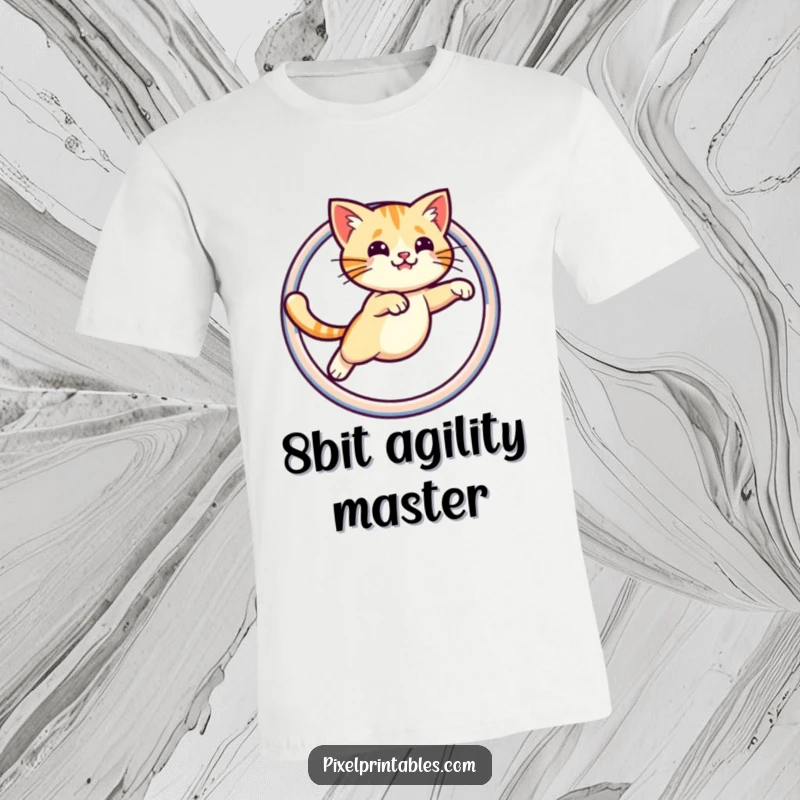 Funny t-shirt with a perfectly pixelated cat jumping through a pixelated hoop, capturing the thrill of retro gaming.