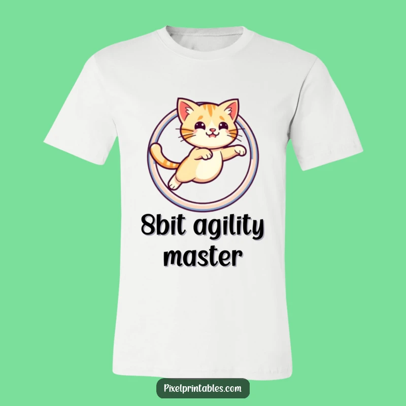 Funny Pixel Cat T-Shirt: Leaping Hoop Action, Retro Gamer Humor Gift!