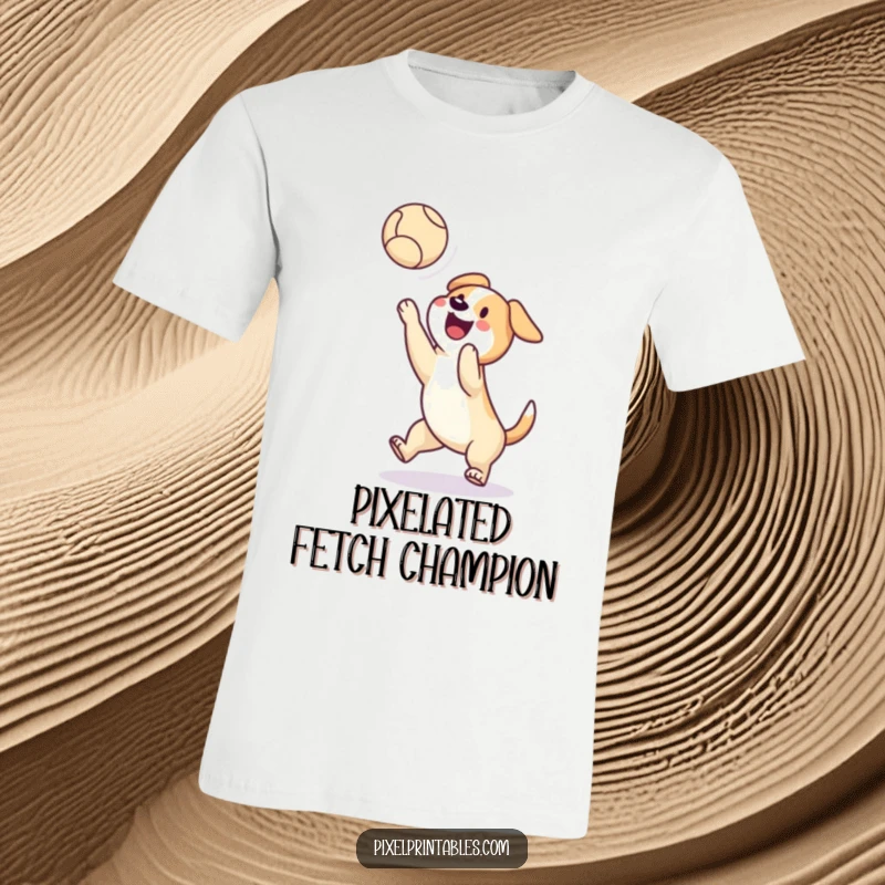 Funny t-shirt with a perfectly pixelated dog joyfully catching a pixelated ball in mid-air, capturing retro gaming excitement.