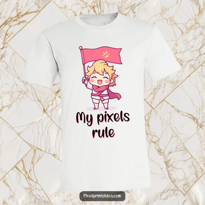 Funny T-Shirt with a triumphant pixel character with sharp edges raising a pixel flag, embodying digital conquest and gaming.