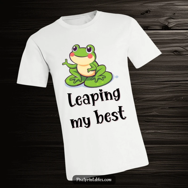 Funny Pixel Frog T-Shirt: A happy pixelated frog mid-hop on pixel lily pads, radiating pure joy and pixelated charm.