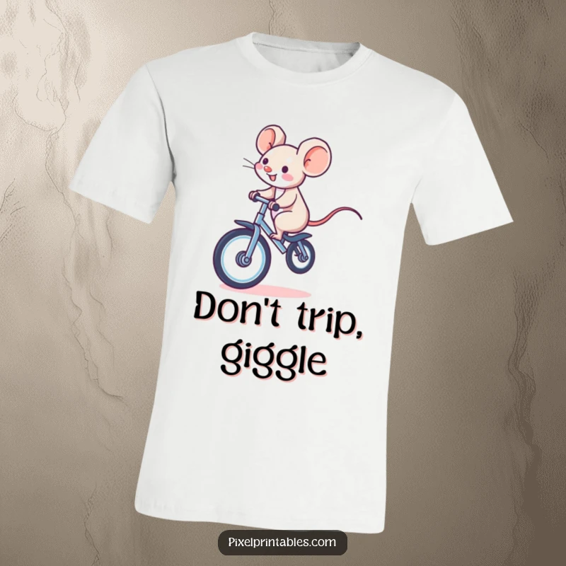 Funny t-shirt showcasing a giggling pixelated mouse riding a pixelated unicycle, perfect for gamers and lovers of whimsical, retro art.