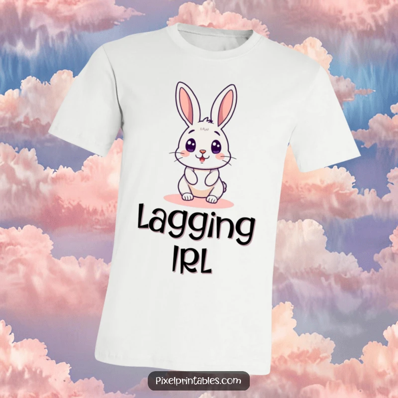 Funny pixelated rabbit peeking around a pixelated corner, a retro gaming design showcasing comical surprise and charm on a t-shirt.