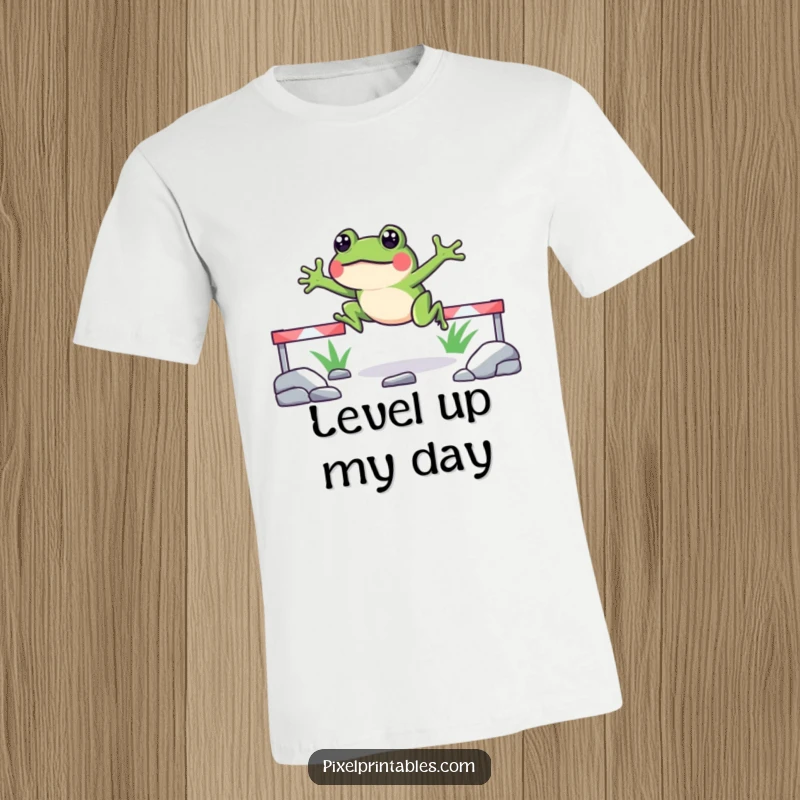 Funny pixelated frog t-shirt depicting a jovial frog clearing pixelated hurdles, celebrating perseverance and classic arcade fun.